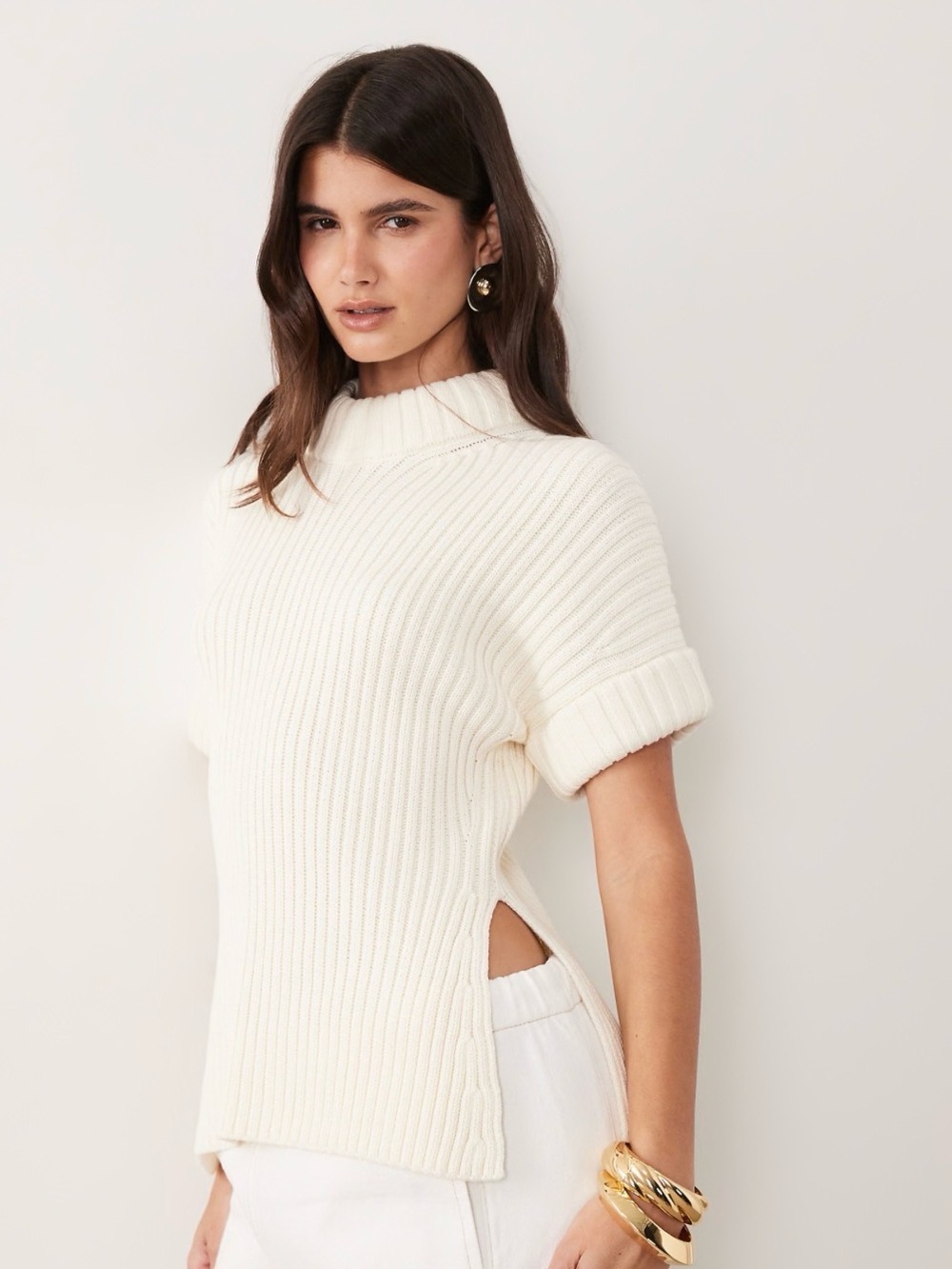 ASOS Design Cream Chunky Ribbed Knit Side Slit Short Sleeve Stuffed Neck Sweater